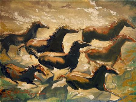 Quadro di  G.Painetti Casoni Galoppo al tramonto - olio tela 
